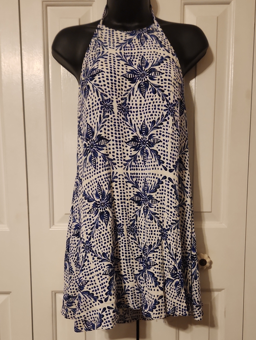 Blue & White Floral Halter Swing Dress - Womens Size Medium -